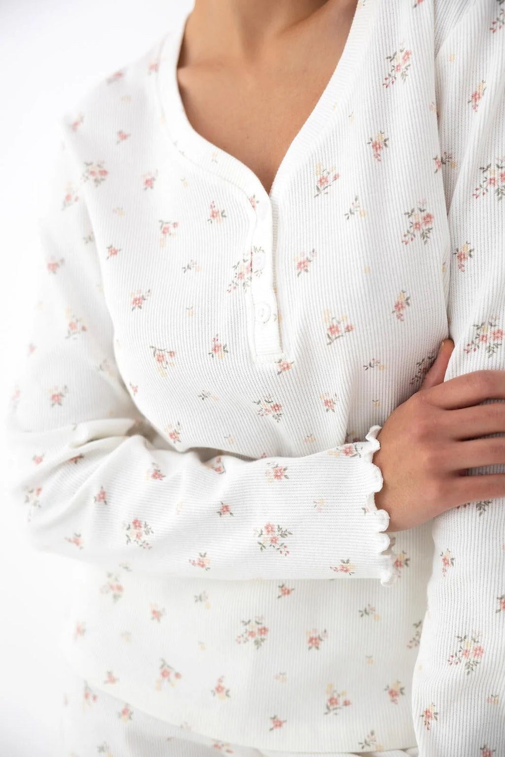 Vida - pigiama da donna in cotone costinato a micro fiori