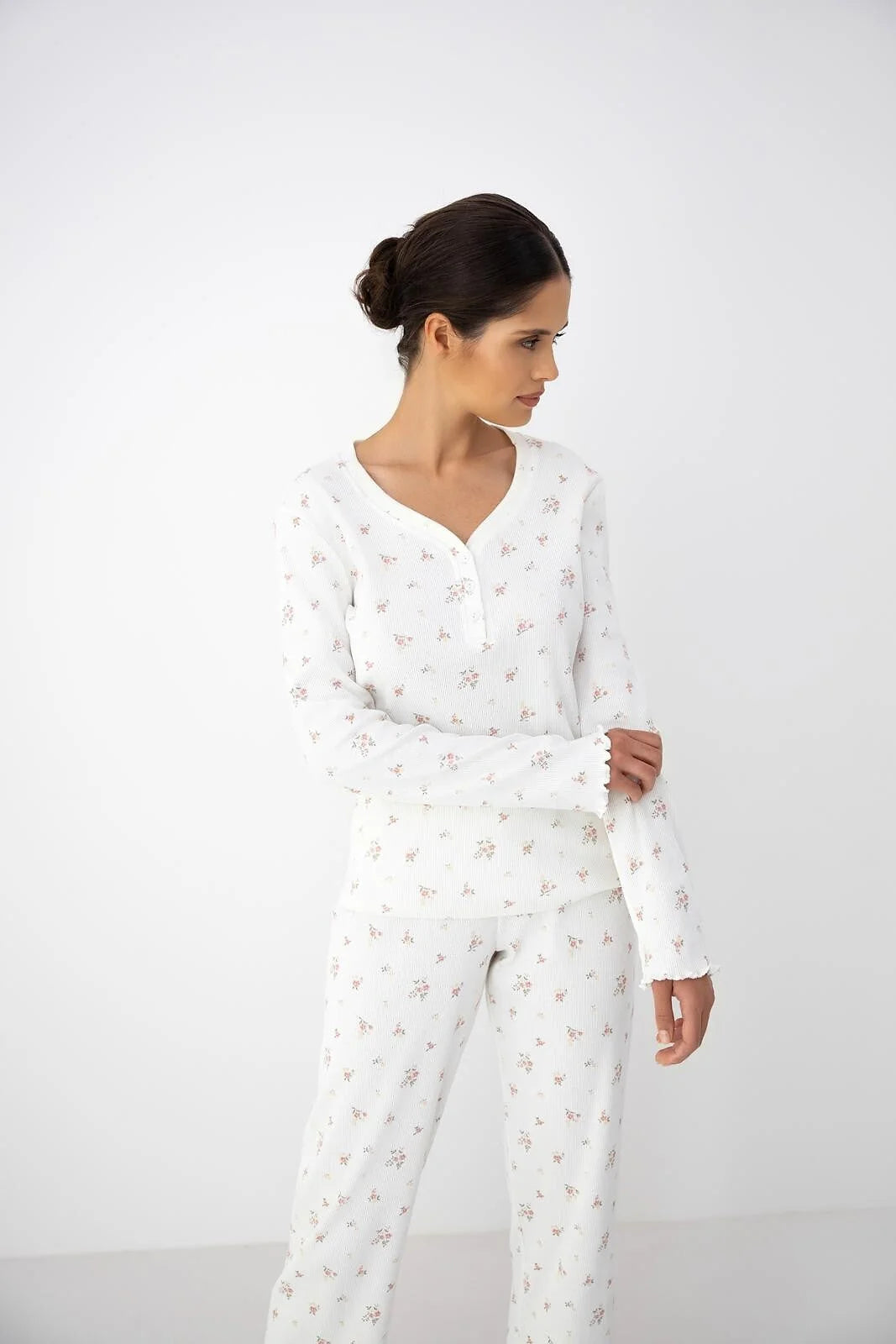 Vida - pigiama da donna in cotone costinato a micro fiori